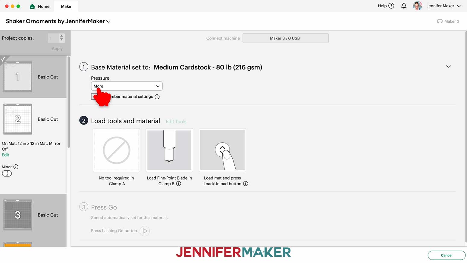 Medium cardstock 80 lb selected, pressure set to more