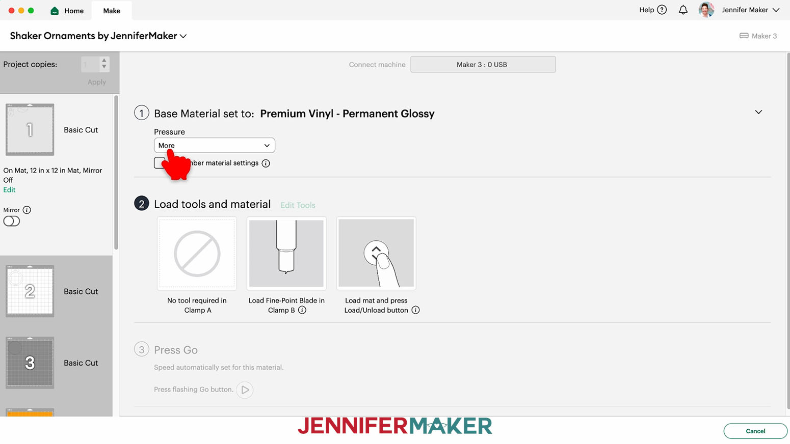Make screen &ldquo;Premium Vinyl - Permanent Glossy&rdquo; setting with &ldquo;More&rdquo; pressure.