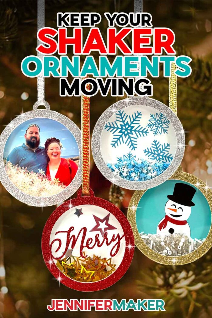 Make a shaker ornament with shiny confetti with this JenniferMaker tutorial! Four round, glitter-framed cardstock ornaments with acetate front covers and vinyl backdrops depicting winter themes hang from a tree by ribbon. Each ornament has shiny confetti inside. One ornament has a photo of Jennifer and her partner.