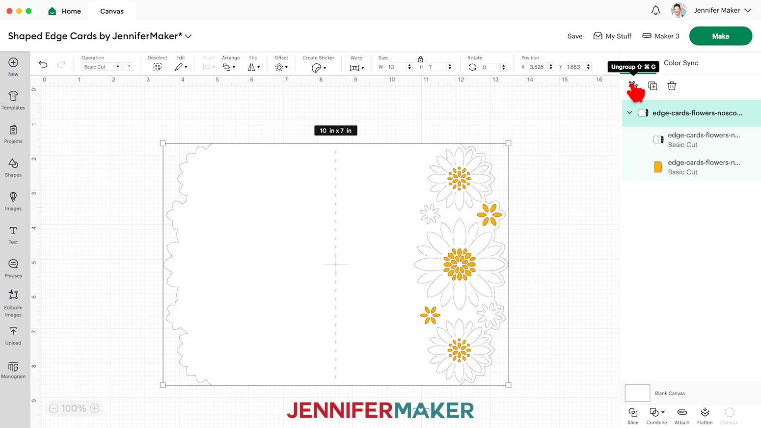 In Cricut Design Space, click the Ungroup button to ungroup the flower shaped edge card design layers