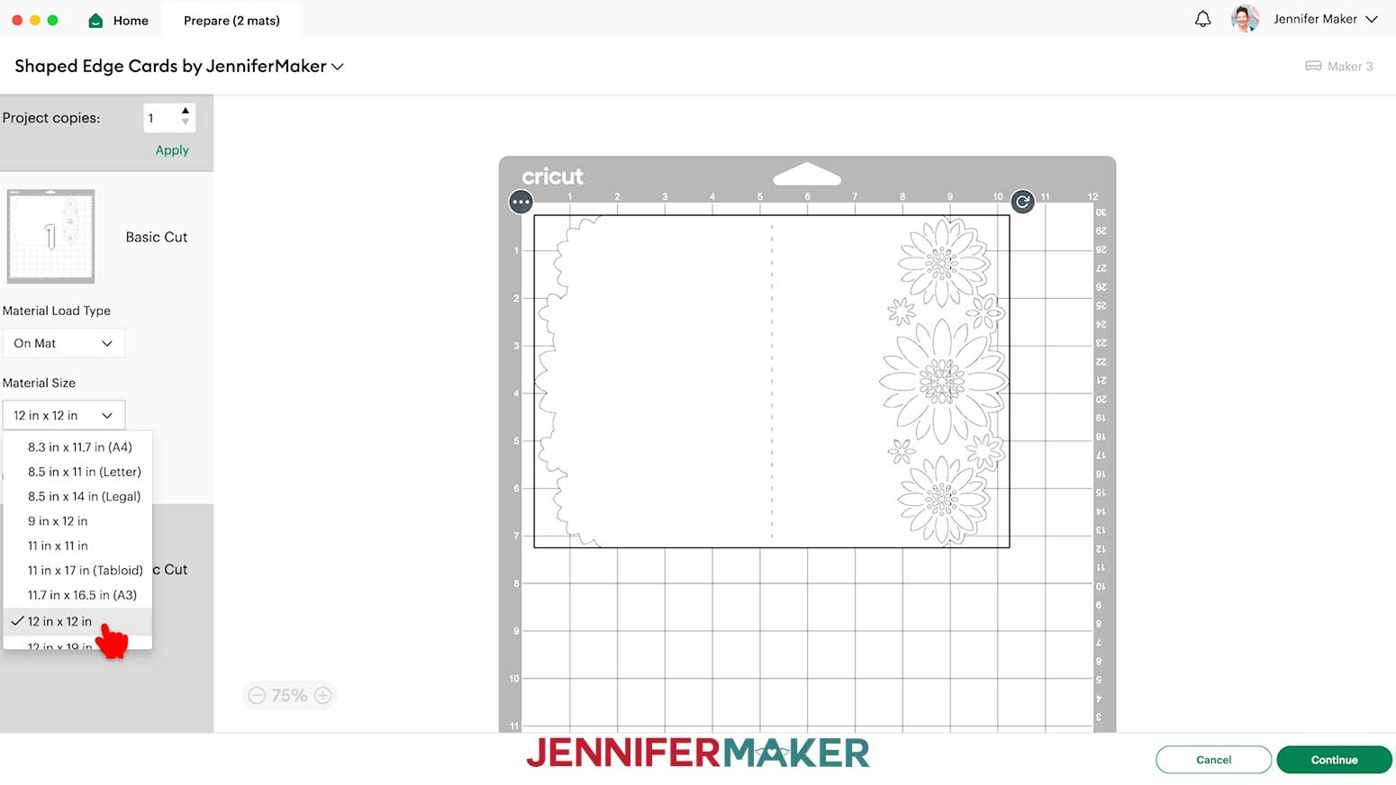 On the Cricut Design Space Prepare screen, make sure your Material Size matches your cardstock size for your shaped edge cards