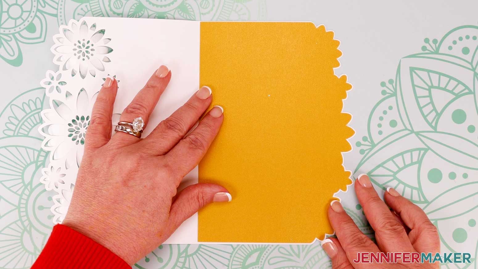 Match up the edges of the shaped edge cards flower liner with the card base before gluing it to the inside of the card