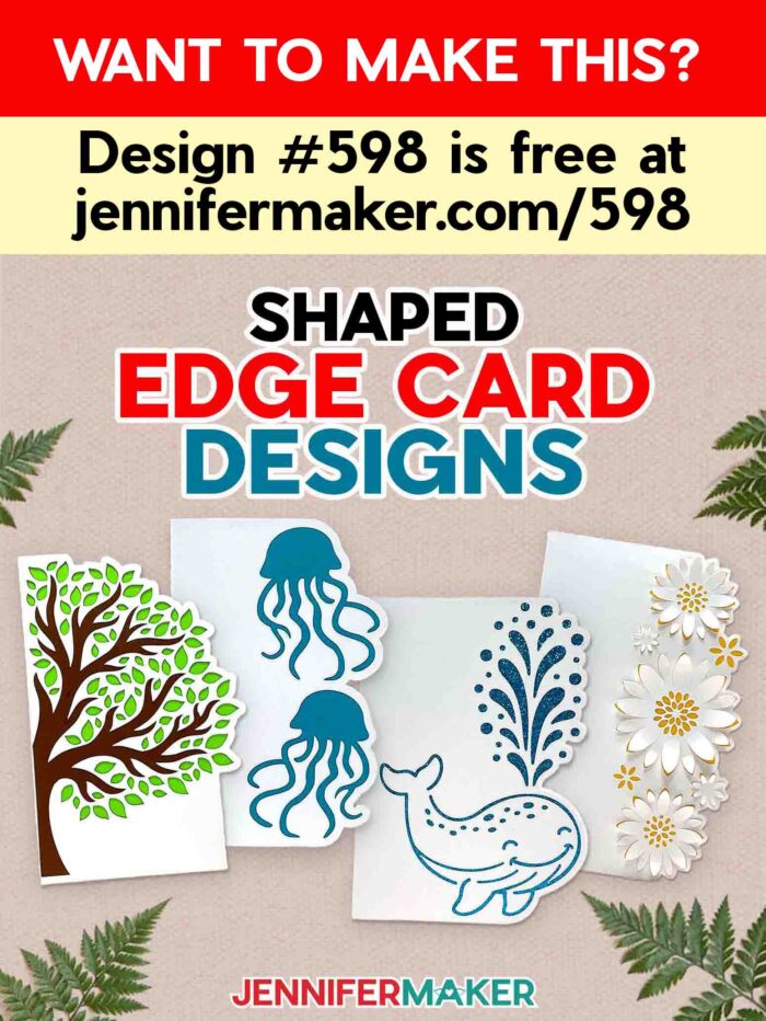 Get free shaped edge cards designs in Jennifer Maker's tutorial! Four shaped edge cards sit on a wooden surface.