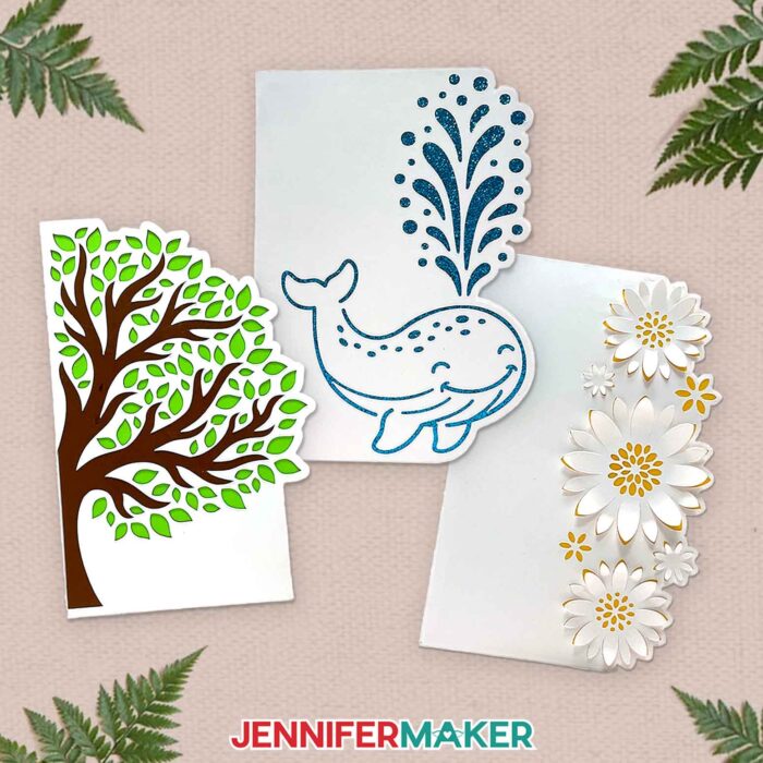 Get free shaped edge cards designs in Jennifer Maker's tutorial! Three shaped edge cards sit on a wooden surface.
