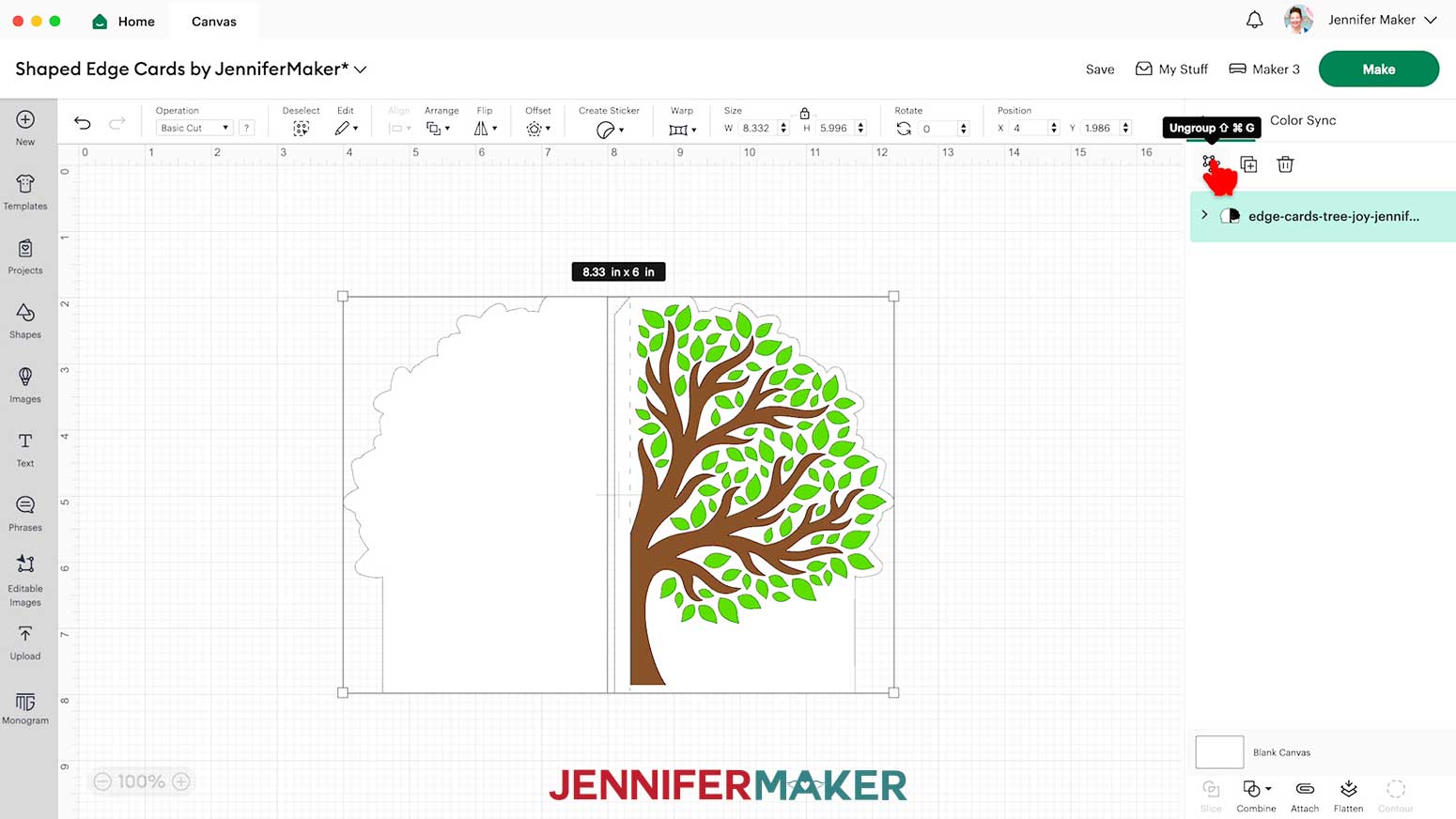 In Cricut Design Space, click the Ungroup button to ungroup the Joy-size tree shaped edge card design layers