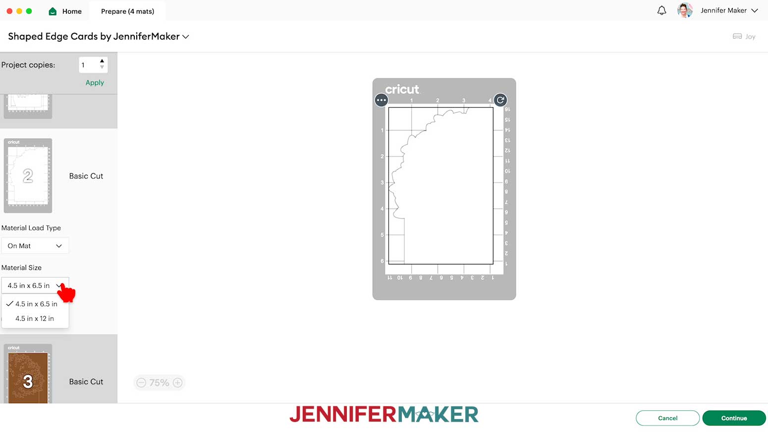 On the Cricut Design Space Prepare screen, make sure your Material Size matches your Joy-size material