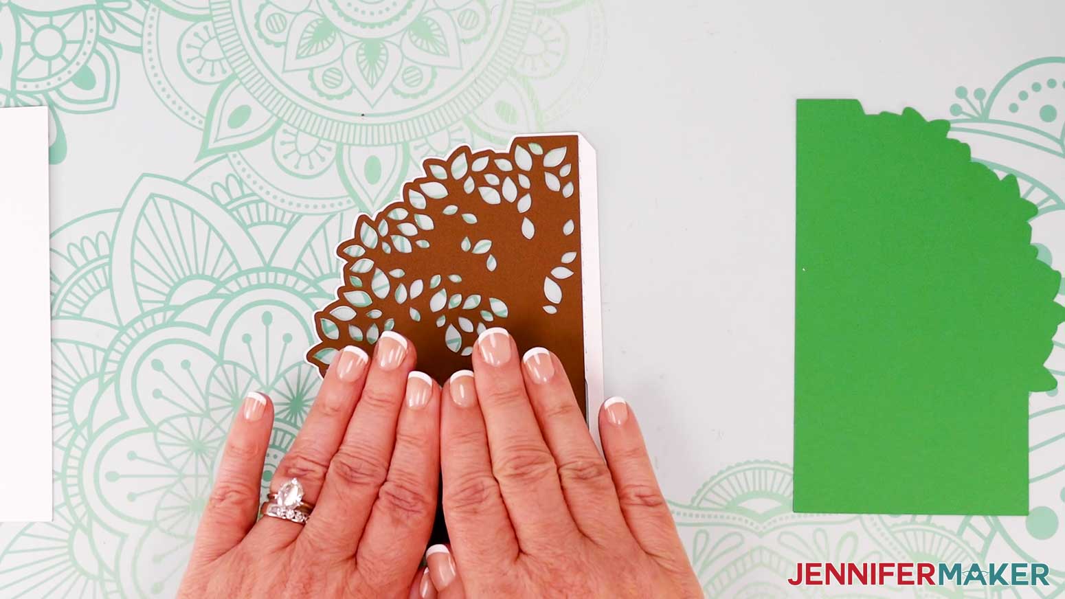 Attach the brown cutout liner piece to the back of the glued front panel for the Joy-size tree shaped edge card