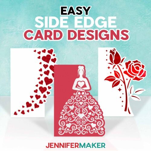 Three side edge cards with Cricut featuring hearts, a woman in a heart-covered dress, and roses.