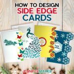 Learn how to design side edge cards with Jennifer Maker's tutorial! Four beautiful cards with decorative edges sit on a holiday table. Want to learn how to make this? Design #564 is free at jennifermaker.com/library.