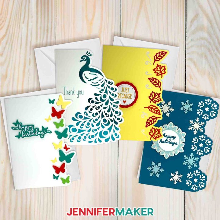 Learn how to design side edge cards with Jennifer Maker's tutorial! Four beautiful cards with decorative edges sit on a table. Want to learn how to make this? Design #564 is free at jennifermaker.com/library.