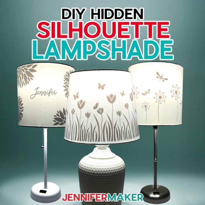 Make a DIY hidden silhouette lampshade with JenniferMaker's tutorial! Three illuminated table lamps sit in an empty space. From left to right, they boast silhouette designs of flowers with the name "Jennifer," then tulips and butterflies in tall grass, then finally some delicate dragonflies flying over some puffy dandelions.