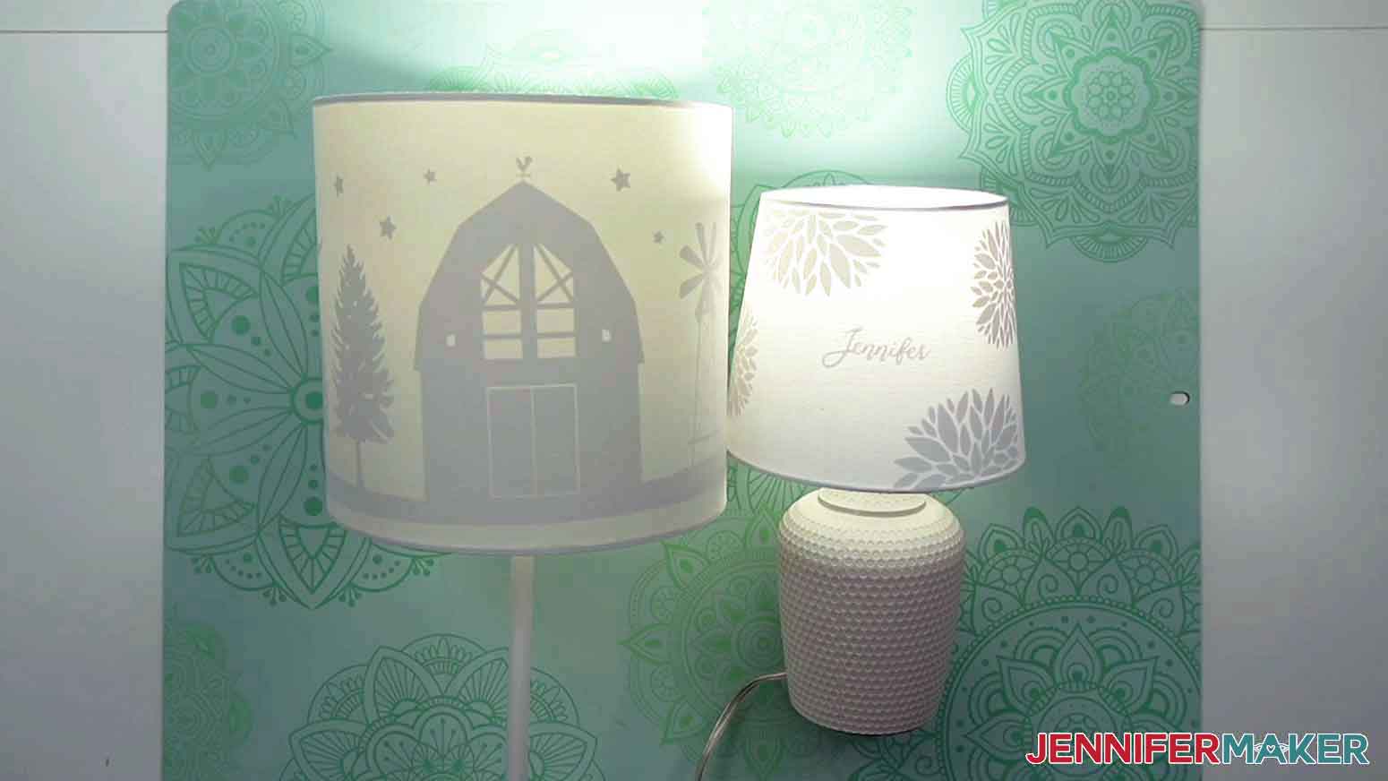 Final silhouette lampshade designs with a barn on a straight lampshade and a personalized dahlia design on a tapered lampshade.