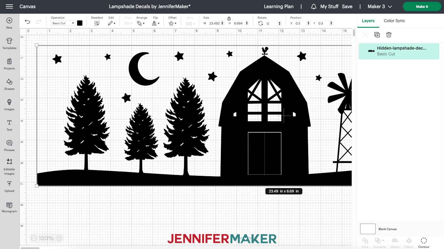 Barn SVG design with attached ground layer for Silhouette Lampshades.