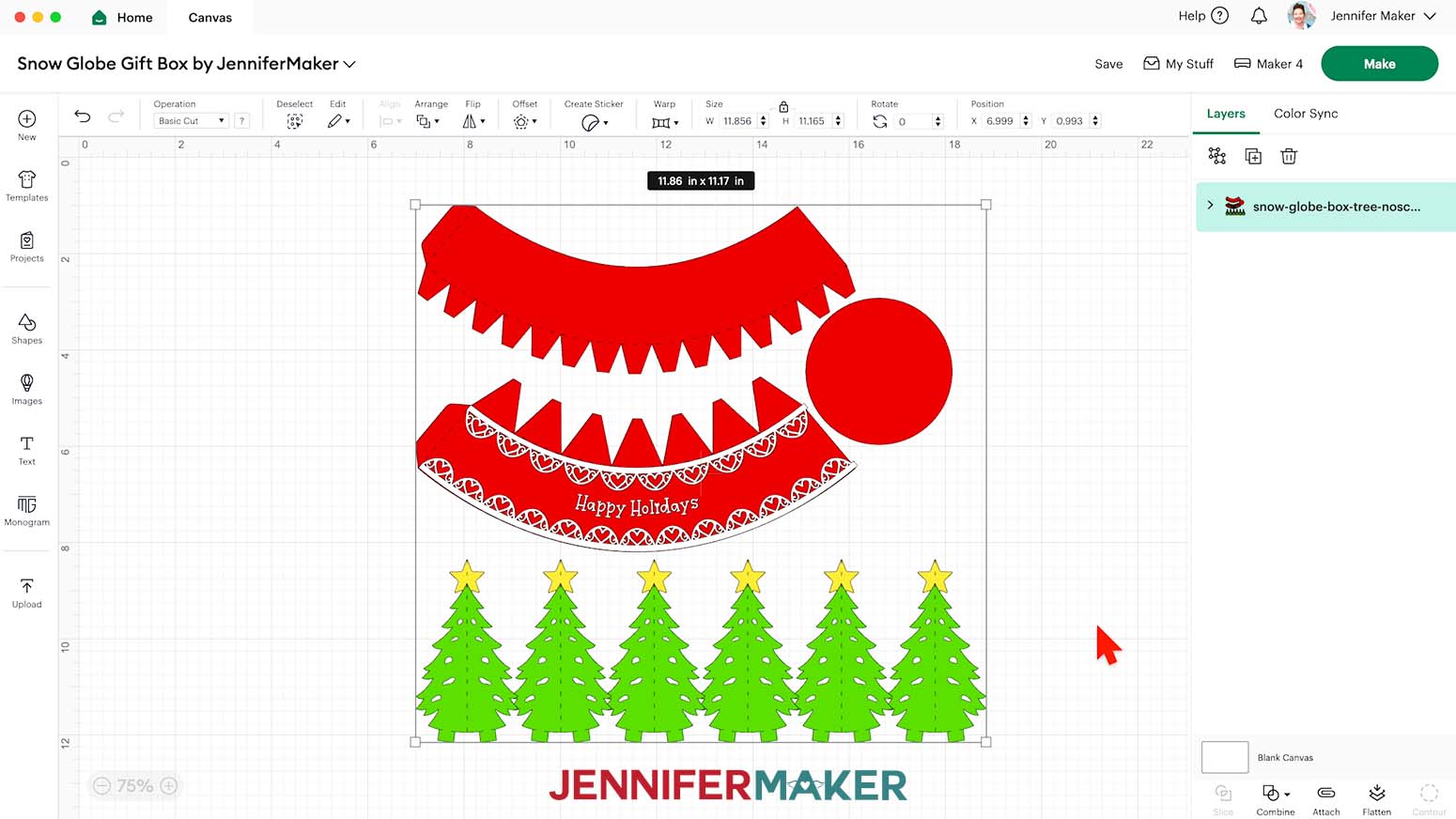 The snow globe gift box tree design on the Design Space canvas.