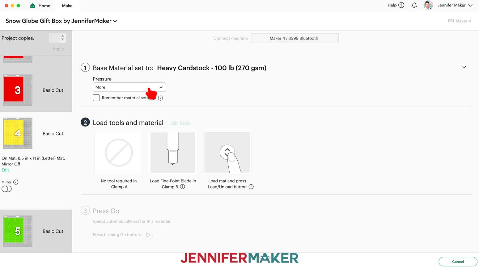 The Heavy Cardstock material setting in Cricut Design Space with More pressure being selected.