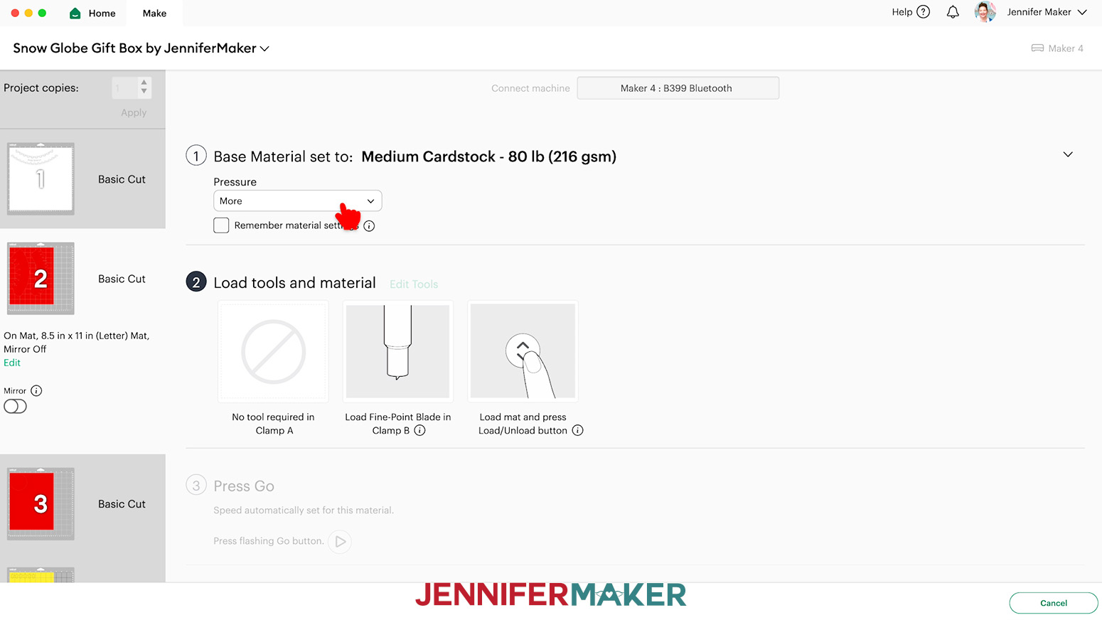 The Medium Cardstock material setting in Cricut Design Space with More pressure being selected.