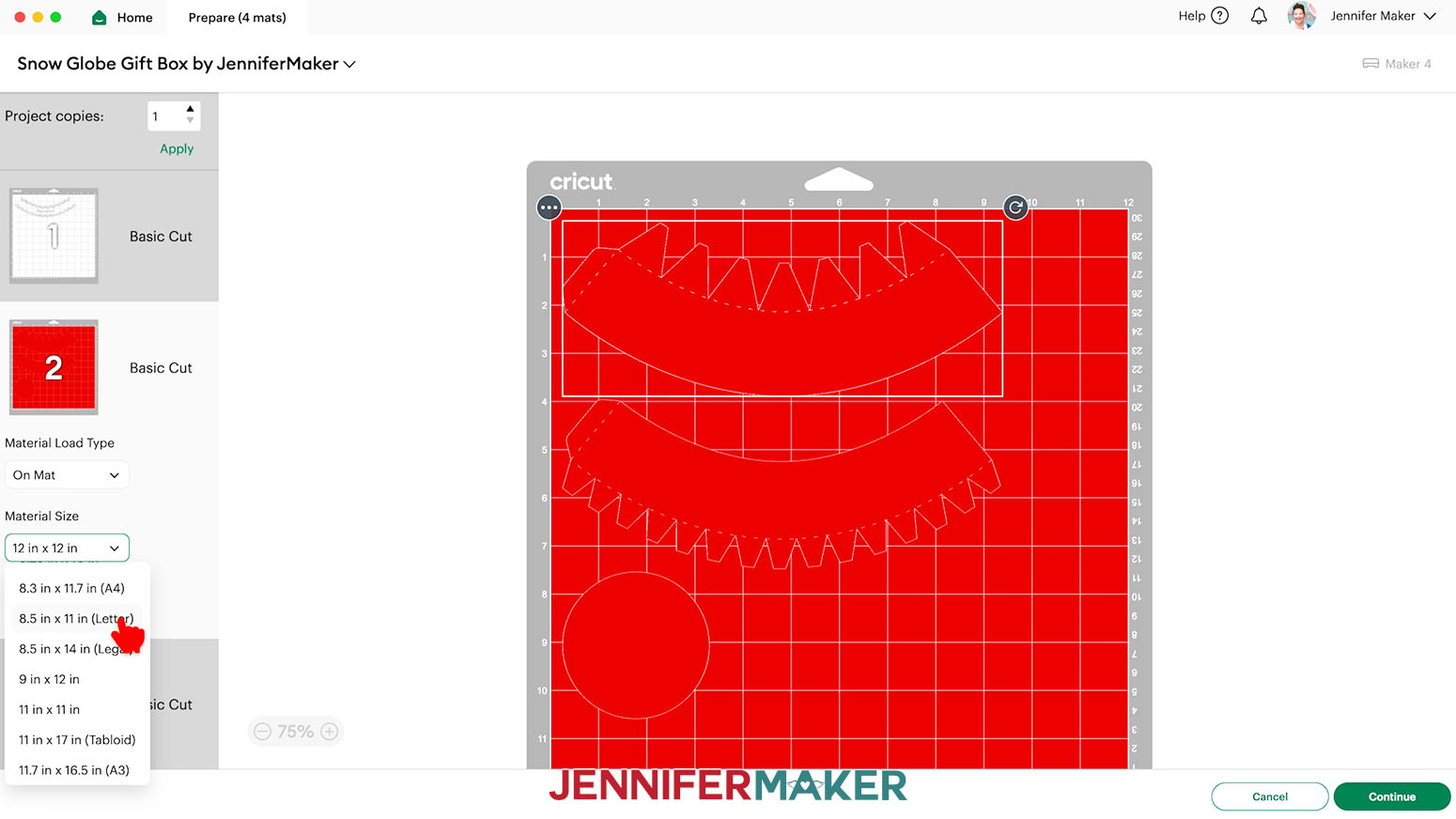 The Prepare screen in Design Space, showing a red mat with the material size being changed to 8.5 inches by 11 inches.