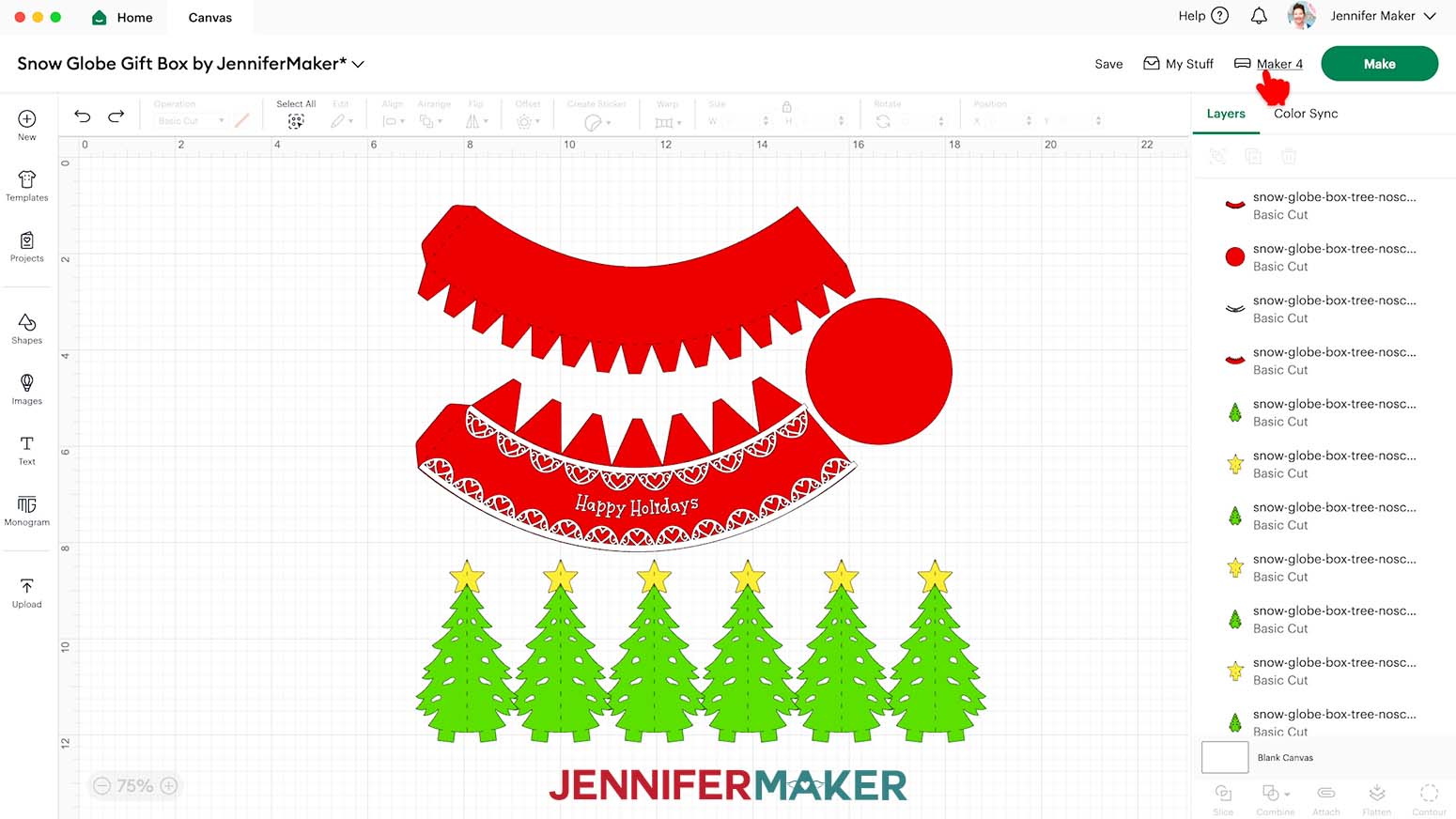 The tree version of the snow globe gift box design ready to cut on the Design Space canvas.