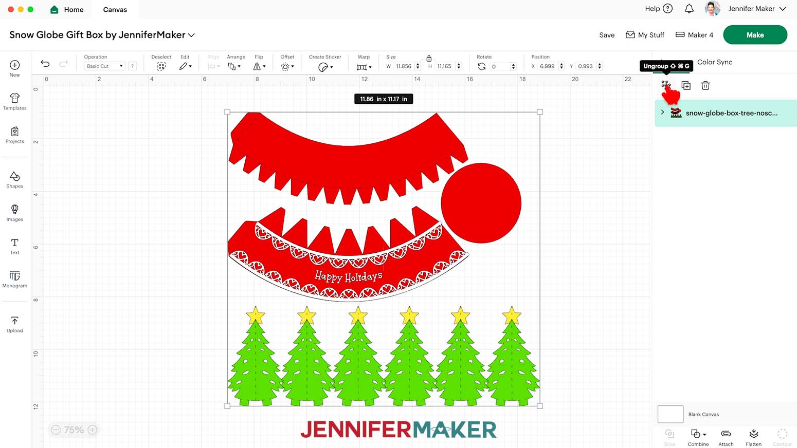 Click the Ungroup button in Cricut Design Space to ungroup the snow globe gift box design.