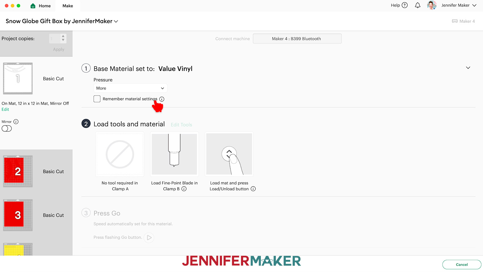 The "Value Vinyl" material setting in Cricut Design Space with the Pressure set to "More."