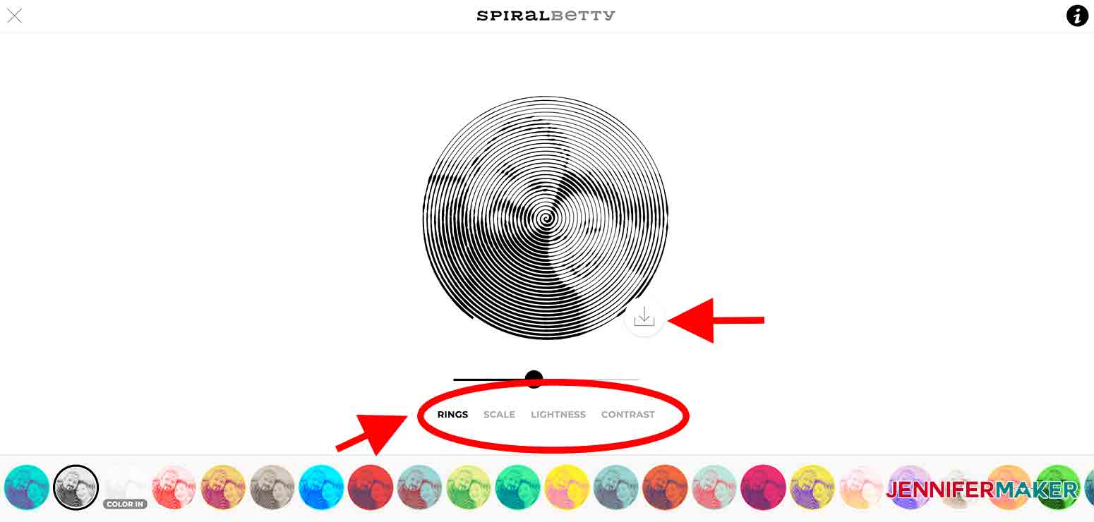 spiral betty website with arrows pointing to adjusts and download button