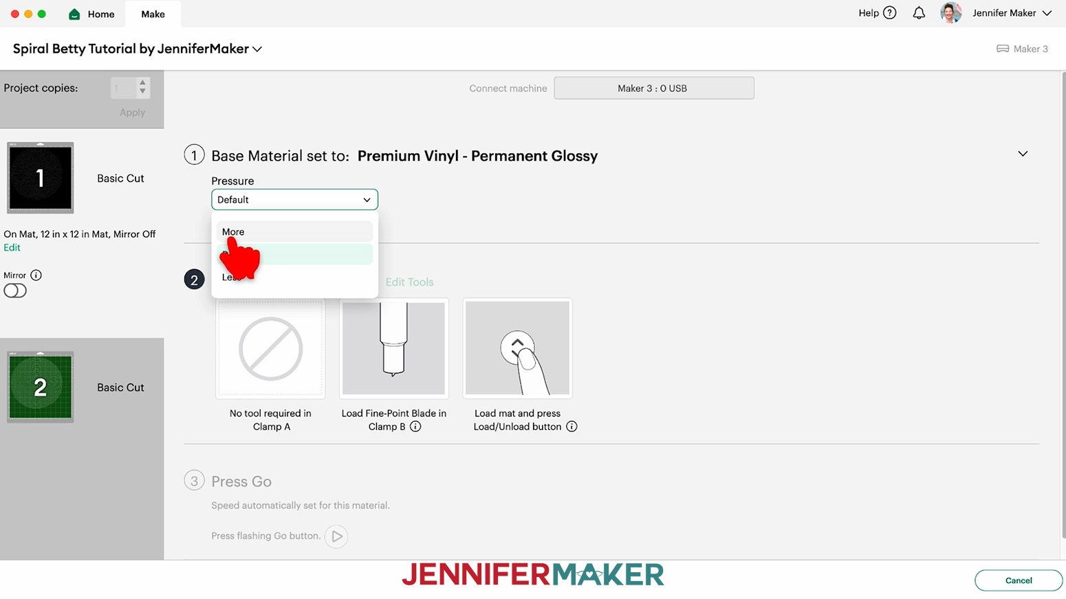 “Premium Vinyl - Permanent Glossy” setting with “More” pressure