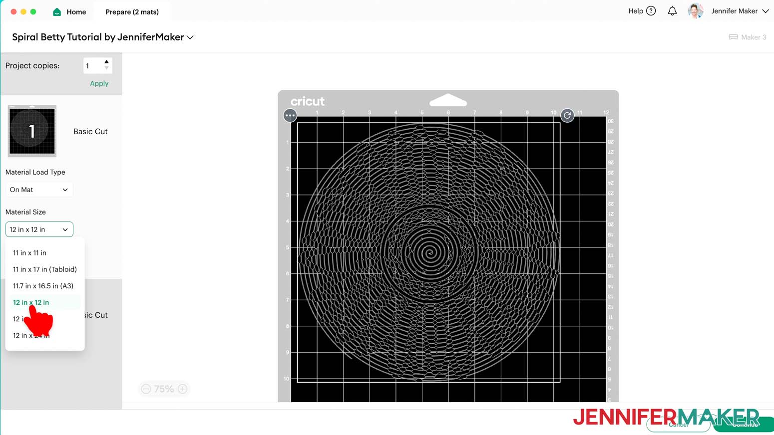 Prepare screen, make sure the correct Material Size 12 x 12 is selected