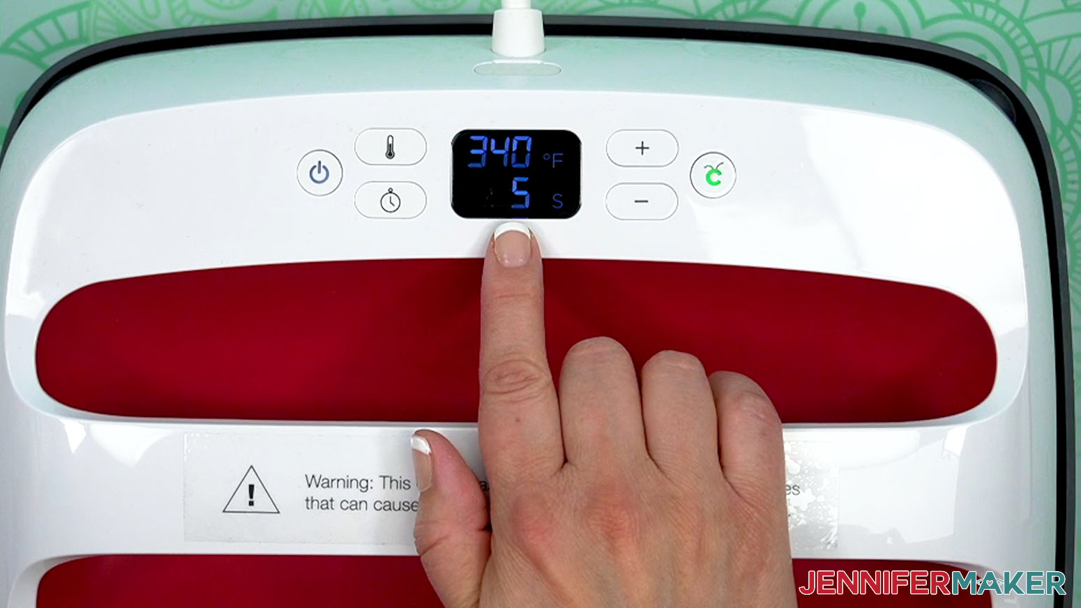 The Cricut EasyPress set to 340°F (171° C) with the timer set for 5 seconds.