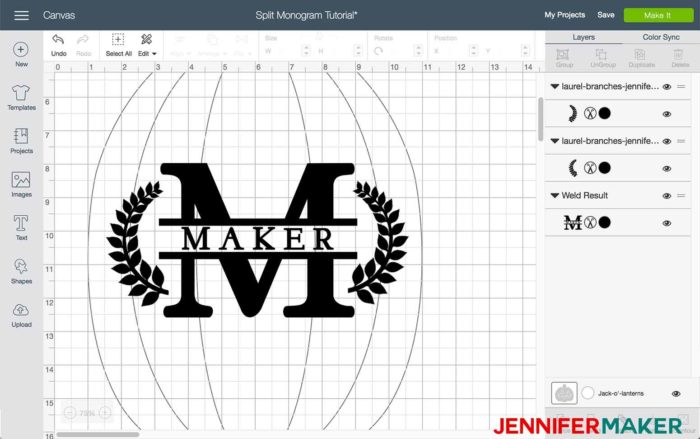 Add some laurel branches in Cricut Design Space to begin the split monogram tutorial