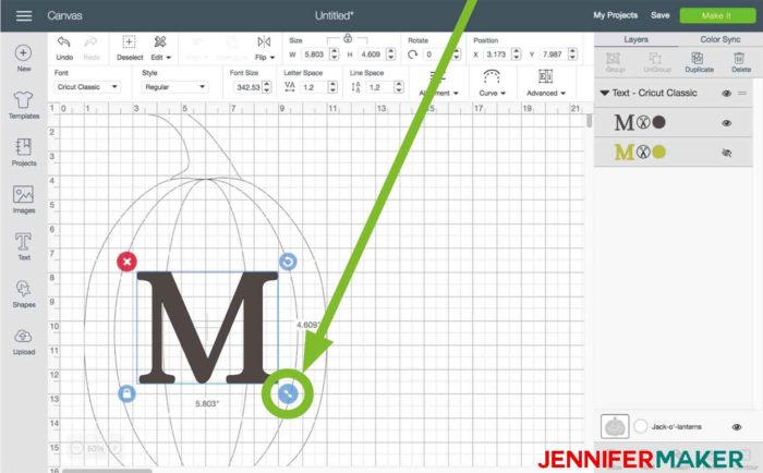 Resize your initial in Cricut Design Space to begin the split monogram tutorial