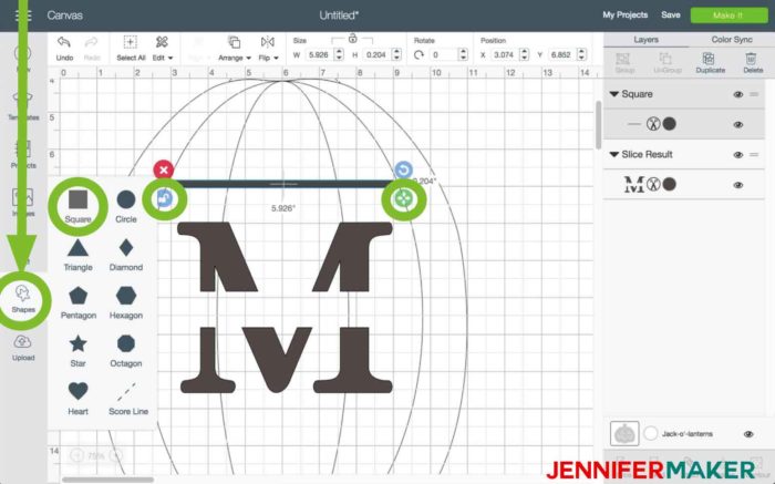 Choose a square in Cricut Design Space to begin the split monogram tutorial