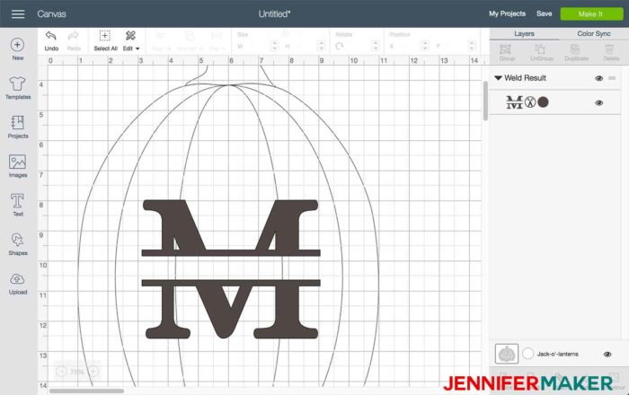 A welded object in Cricut Design Space to begin the split monogram tutorial