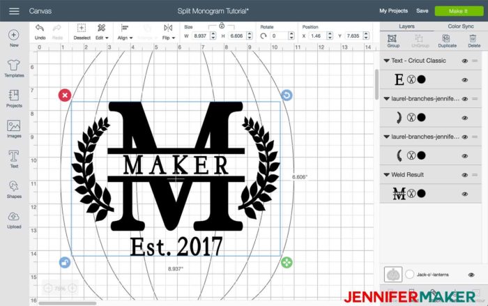 Resize your objects in Cricut Design Space to begin the split monogram tutorial