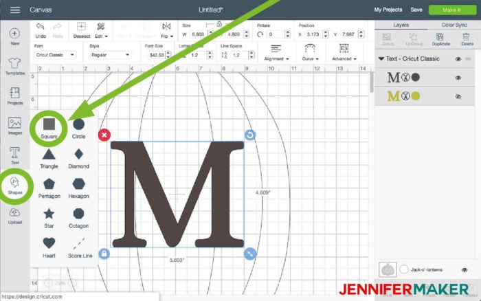 Choose a square in Cricut Design Space to begin the split monogram tutorial