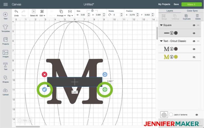 Resize the rectangle in Cricut Design Space to begin the split monogram tutorial