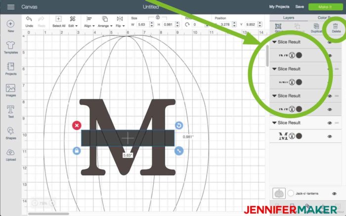 Delete your Slice Result centers in Cricut Design Space to begin the split monogram tutorial