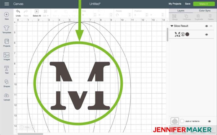 The initial starting to take shape in Cricut Design Space to begin the split monogram tutorial