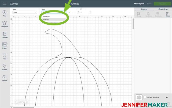 Click the Size menu for the template in Cricut Design Space to begin the split monogram tutorial