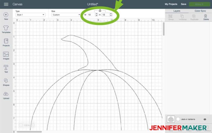 Click the Size menu for the template in Cricut Design Space to begin the split monogram tutorial