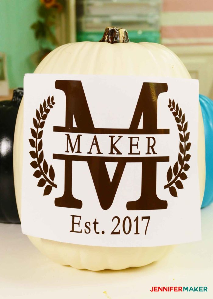 Testing the vinyl on the pumpkin for the split monogram tutorial