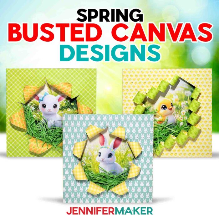 Three Spring Busted Canvas projects sit outside, each covered in patterned spring paper, cut to reveal cute baby animals underneath. Make yours with the free tutorial!