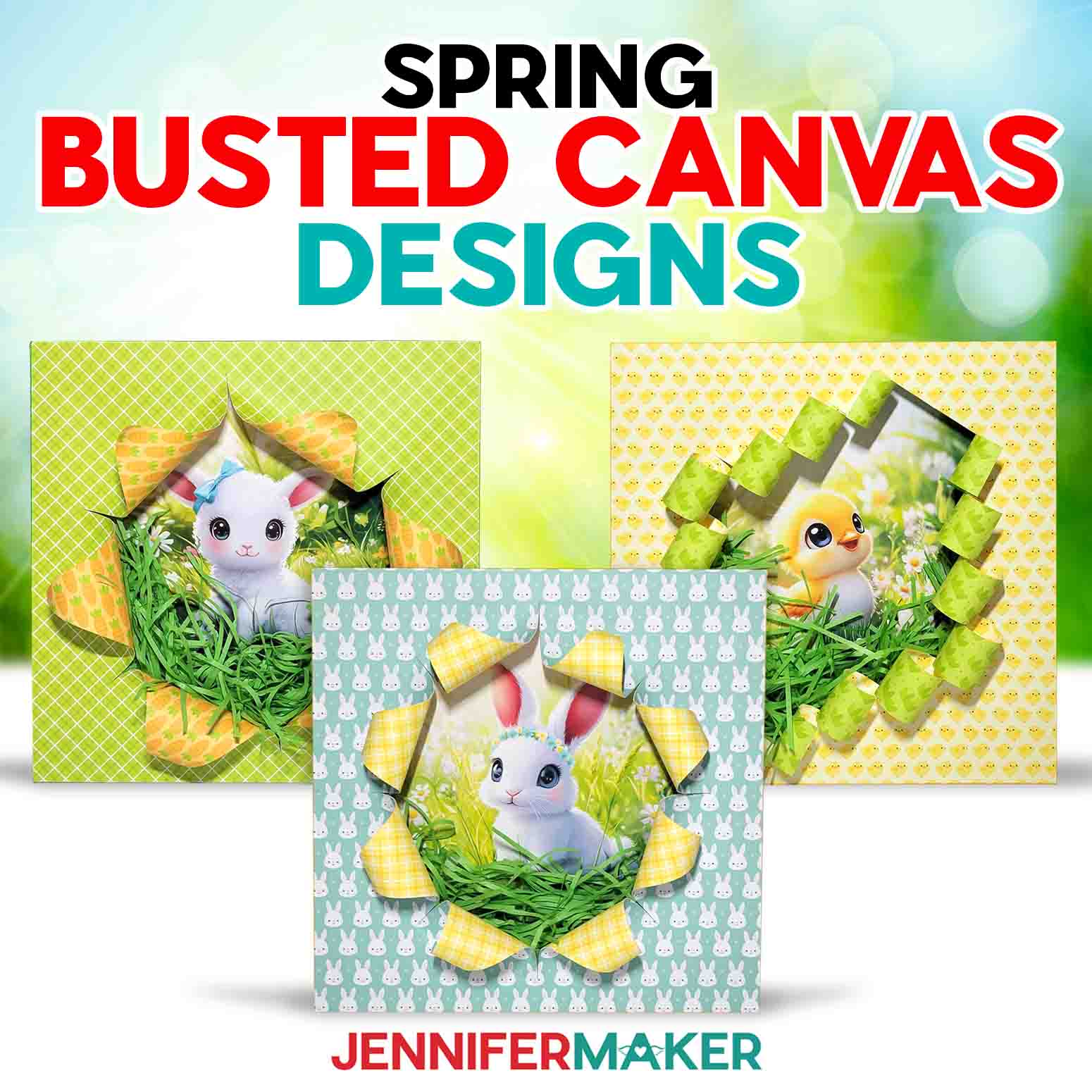 Three Spring Busted Canvas projects sit outside, each covered in patterned spring paper, cut to reveal cute baby animals underneath. Make yours with the free tutorial!