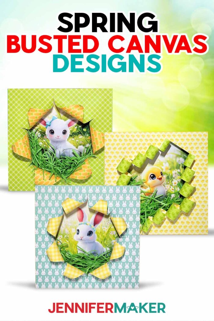 Three Spring Busted Canvas projects sit outside, each covered in patterned spring paper, cut to reveal cute baby animals underneath. Make your own with the free SVG and PNG files and tutorial!