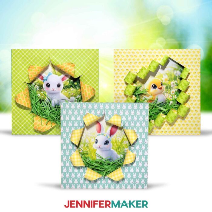 Want to make Spring Busted Canvas designs? Design #728 is free at jennifermaker.com/728. Three Spring Busted Canvas projects sit outside, each covered in patterned spring paper, cut to reveal a cute baby bunny, lamb, and chick underneath. 
