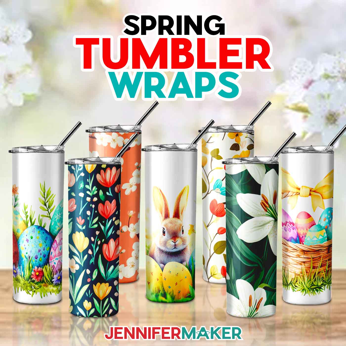 Several colorful sublimation tumblers with spring designs.
