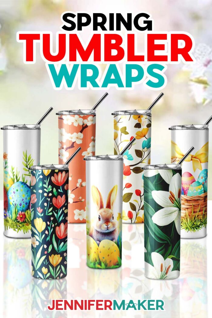 Learn to make Spring Tumbler Wraps in this JenniferMaker tutorial! A collection of six spring-themed tumblers featuring flowers, bunnies, and colorful eggs.