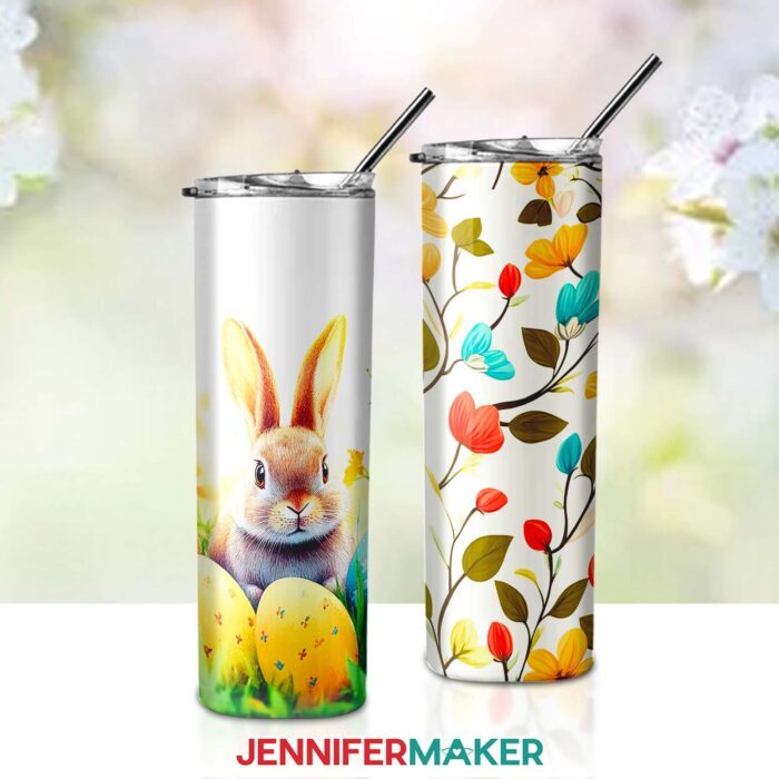 A skinny tumbler with an Easter bunny surrounded by Easter eggs, and a skinny tumbler with red and teal flowers on a white background. Designs by Jennifer Maker.