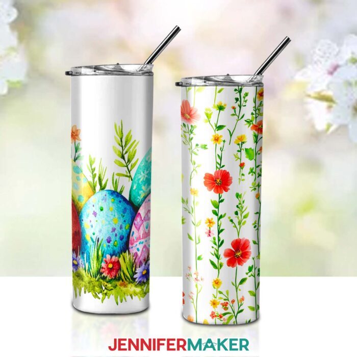 Two skinny tumbler designs, one with colorful Easter eggs and one with dainty flowers. Designs by Jennifer Maker.