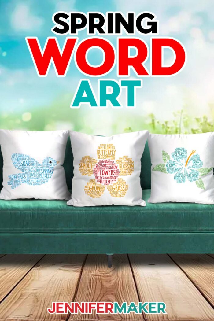 Spring Word Art pillows lined up on a green couch feature bird and flower designs filled with colorful spring words. Learn to make your own with the free tutorial and PNG and SVG files!
