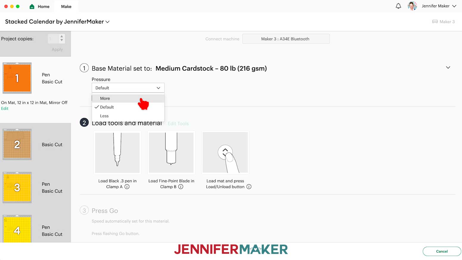 &ldquo;Medium Cardstock&rdquo; setting with &ldquo;More&rdquo; Pressure for the calendar mats